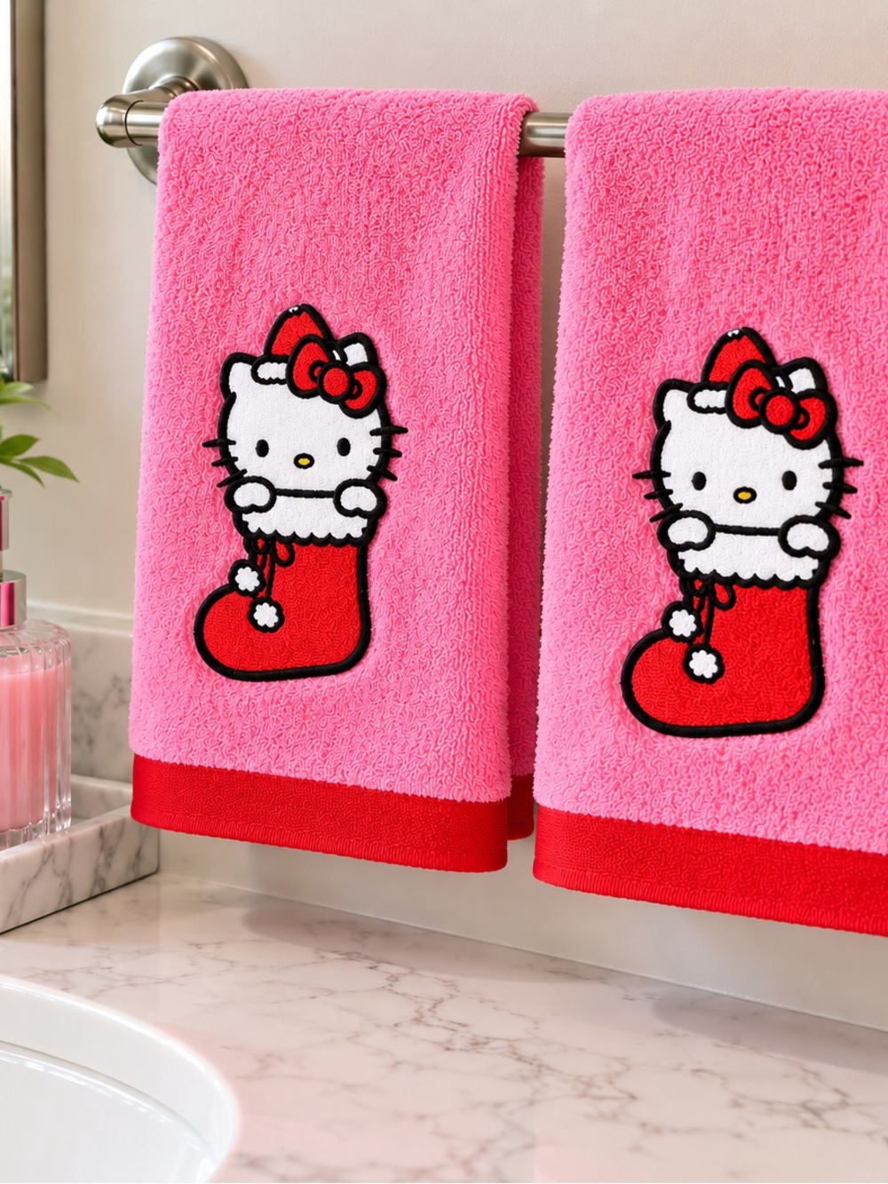 Hello Kitty Pink and Red Holiday Stocking Hand Towels - Set of 2